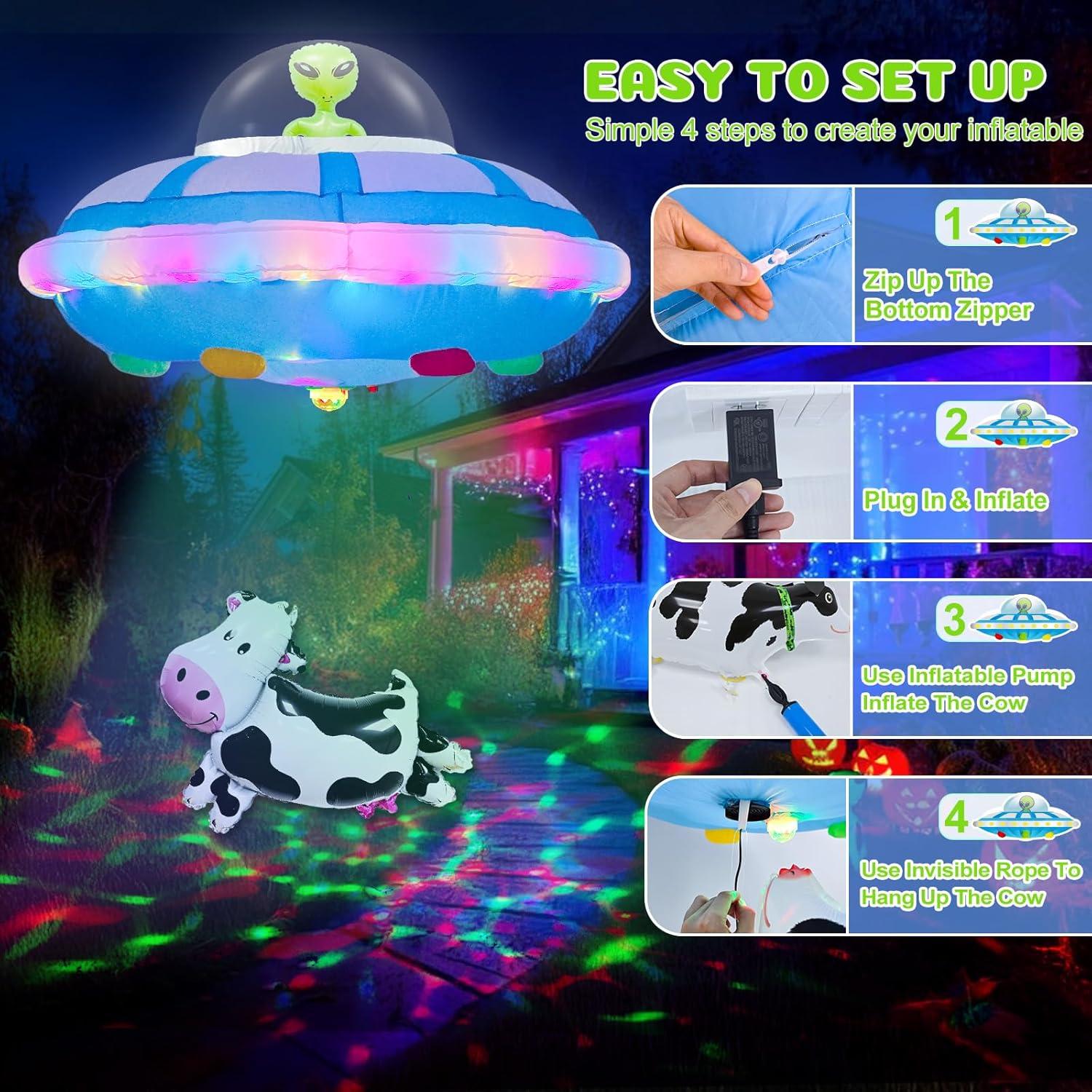 imageOurWarm 4FT Hanging Alien Spaceship Inflatable Halloween Blow Up Builtin Colorful LED Flashing Light Outdoor Indoor Home Garden Lawn Decor