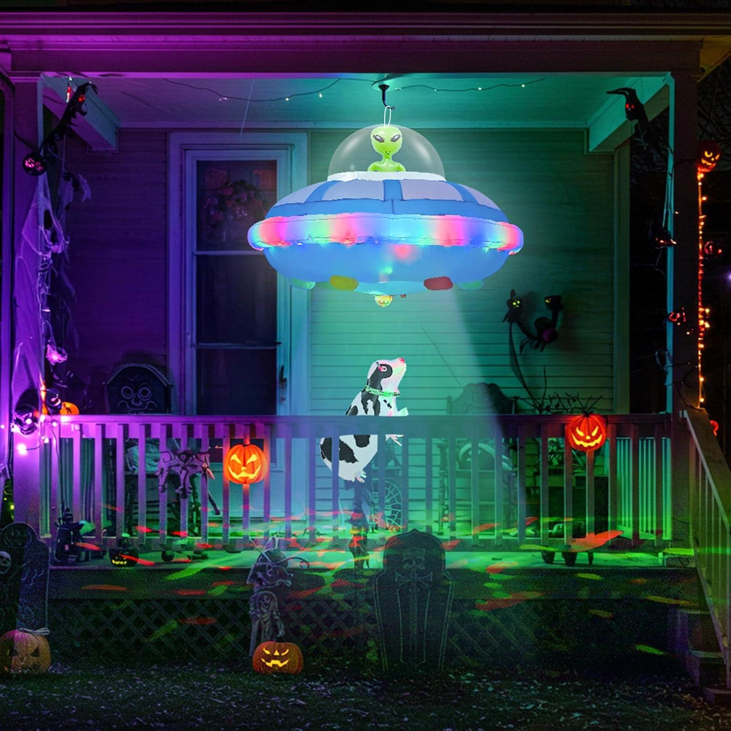 imageOurWarm 4FT Hanging Alien Spaceship Inflatable Halloween Blow Up Builtin Colorful LED Flashing Light Outdoor Indoor Home Garden Lawn Decor