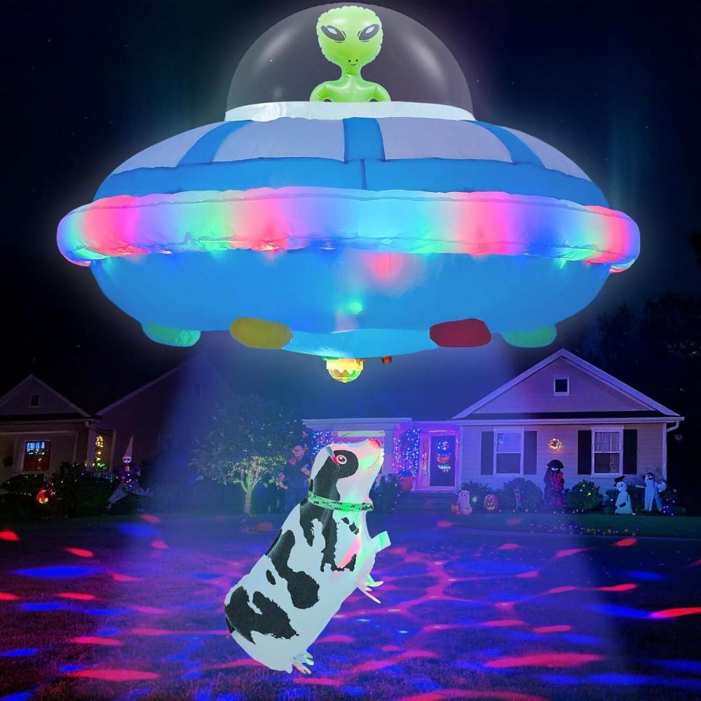 imageOurWarm 4FT Hanging Alien Spaceship Inflatable Halloween Blow Up Builtin Colorful LED Flashing Light Outdoor Indoor Home Garden Lawn Decor