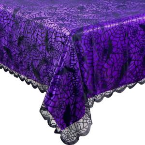 imageOurWarm 2Pcs Halloween Tablecloth Spider Web Halloween Table Cloth Purple Black Lace Tablecloths Rectangular for Halloween Table Decorations Scary Gothic Party Kitchen Decor 60 x 84 InchBlackpurple