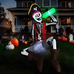 imageOurWarm 65FT Inflatables Outdoor Decorations Sitting Skeleton Pirate Fun Blow Up Yard Decorations with LED Lights for Yard Garden Cemetery Inflatable Halloween Decor