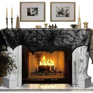 imageOurWarm Cobweb Fireplace Scarf Halloween Decoration Black Lace Spiderweb Mantle Scarf Halloween Party Supplies 18 x 96 inch Black