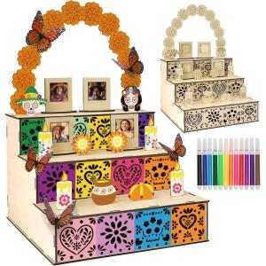 imageOurWarm Dia De Los Muertos Altar Ofrenda Wooden Box Set Day of the Dead Altar with Marigold Photo Frame Sugar Skull and Candle Papel Picado Mini Ofrenda for Dia De Los Muertos Decor