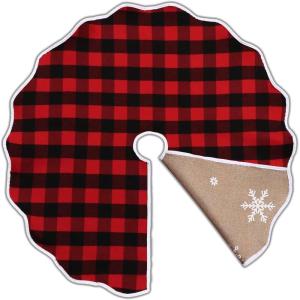 imageOurWarm Christmas Tree Skirt 36 Inch Buffalo Plaid Red Tree Skirt for 6ft Tree ampamp 4ft Tree Double Sided Burlap Tree Skirt Snowflake Xmas Tree Skirts for Pencil Tree Boho Rustic Farmhouse Decor
