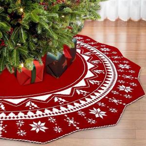 imageOurWarm Christmas Tree Skirt 60 Inch Knit Red Tree Skirt with Poinsettia Pattern Rustic DoubleSided Large Knitted Xmas Tree Skirt for Christmas Tree Indoor Holiday Party Christmas Decorations