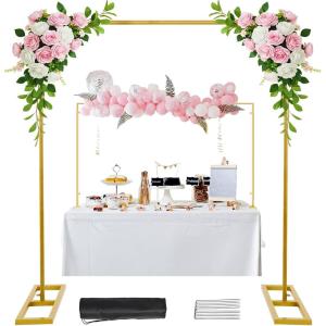 imageOurWarm 82 Ft Adjustable Wedding Backdrop Stand 2in1 Floor Arch ampamp OvertheTable Rod Gold Metal Square Background Frame Photo Backdrop Balloon Arch Stand for Birthday Party Baby Shower Decor