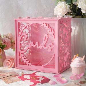 imageOurWarm Pink Wedding Card Box with Acrylic Window Elegant PVC Gift Card Box for Weddings Decorations for Reception Index Wedding Card Boxes for Reception Anniversary Bridal Shower Birthday Decor