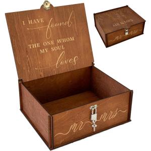 imageOurWarm Wedding Keepsake Box with Lock Large Wooden Memory Box for Keepsakes Wood Decorative Photo Storage Boxes with Lids Mr and Mrs Personalized Anniversary Engagement Gifts for Couples