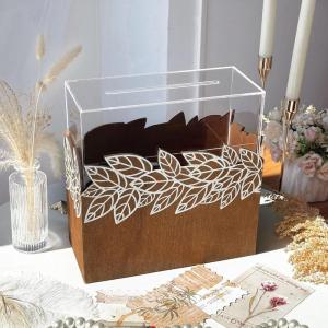 imageOurWarm Wooden Wedding Card Box with Acrylic Window Rustic Money Envelope Gift Card Box with Leaf Pattern Large Cards Holder for Party Reception Graduation Baby Shower Birthday Wedding Decor
