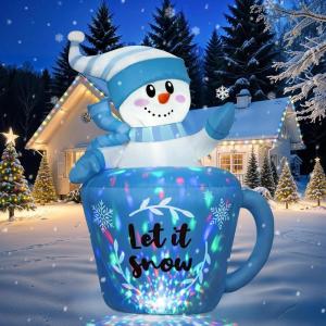 imageOurWarm 5FT Christmas Inflatable Snowman in Mug Adorable Blue Snowman Blow Up Awaiting the Snow Christmas Inflatables Outdoor Decorations with Builtin LEDs ampamp Blower for Yard Lawn Winter Inflatables