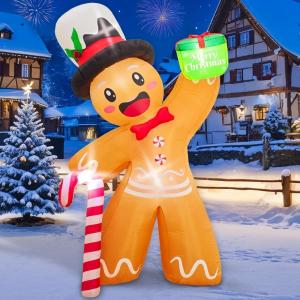imageOurWarm 6FT Christmas Inflatable Outdoor Decoration Christmas Blow Up Yard Decorations with LEDs Gingerbread Inflatable with Gift Box and Candy Cane for Indoor Outdoor Lawn Garden Xmas Decorations