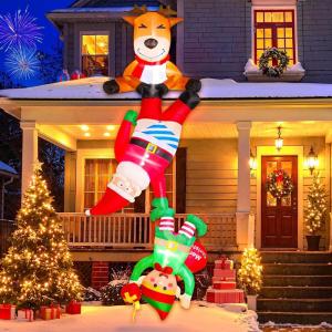 imageOurWarm 8 FT Inflatable Christmas Decorations Outdoor Funny Christmas Inflatables Reindeer Pulling Climbing Santa and Falling Elf Christmas Blow Up Yard Decorations for Xmas Roof Garden Party Decor