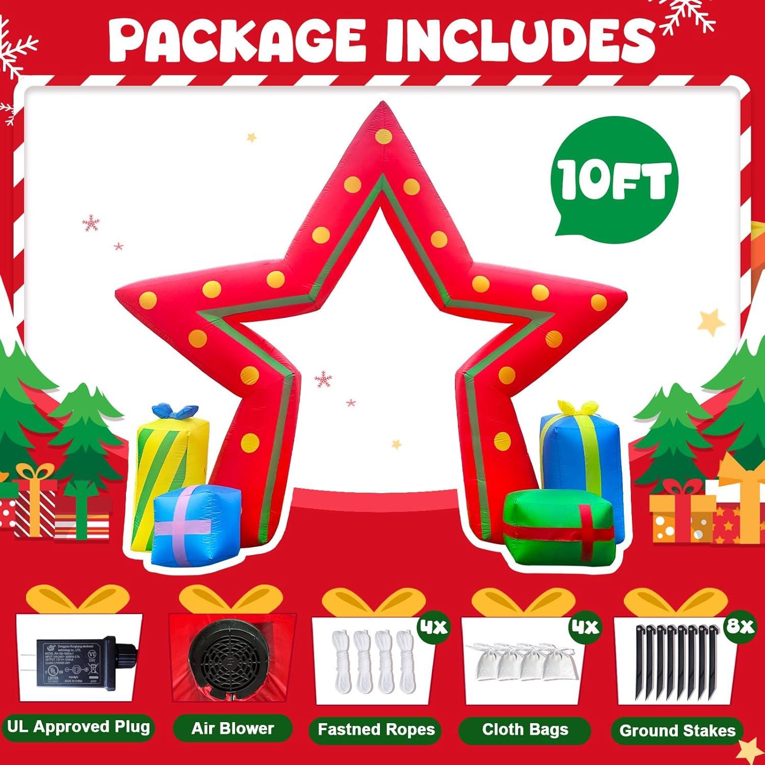 imageOurWarm 10FT Christmas Outdoor Inflatable Decoration Giant Pentagram Archway Yard Inflatable Decoration with Built in LED Lights Blow Up Xmas Decor for Lawn Patio Garden Yard Decor