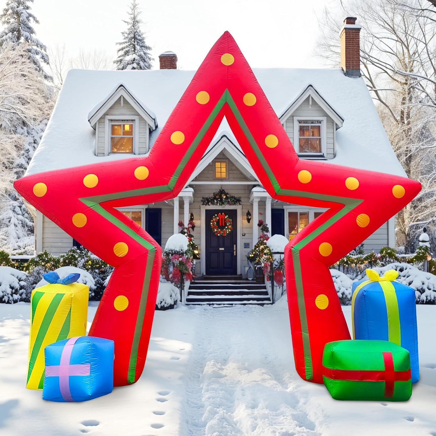 imageOurWarm 10FT Christmas Outdoor Inflatable Decoration Giant Pentagram Archway Yard Inflatable Decoration with Built in LED Lights Blow Up Xmas Decor for Lawn Patio Garden Yard Decor