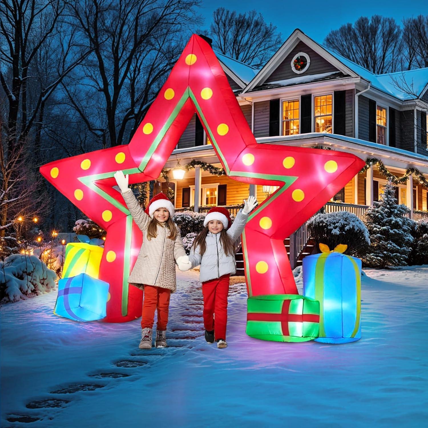 imageOurWarm 10FT Christmas Outdoor Inflatable Decoration Giant Pentagram Archway Yard Inflatable Decoration with Built in LED Lights Blow Up Xmas Decor for Lawn Patio Garden Yard Decor