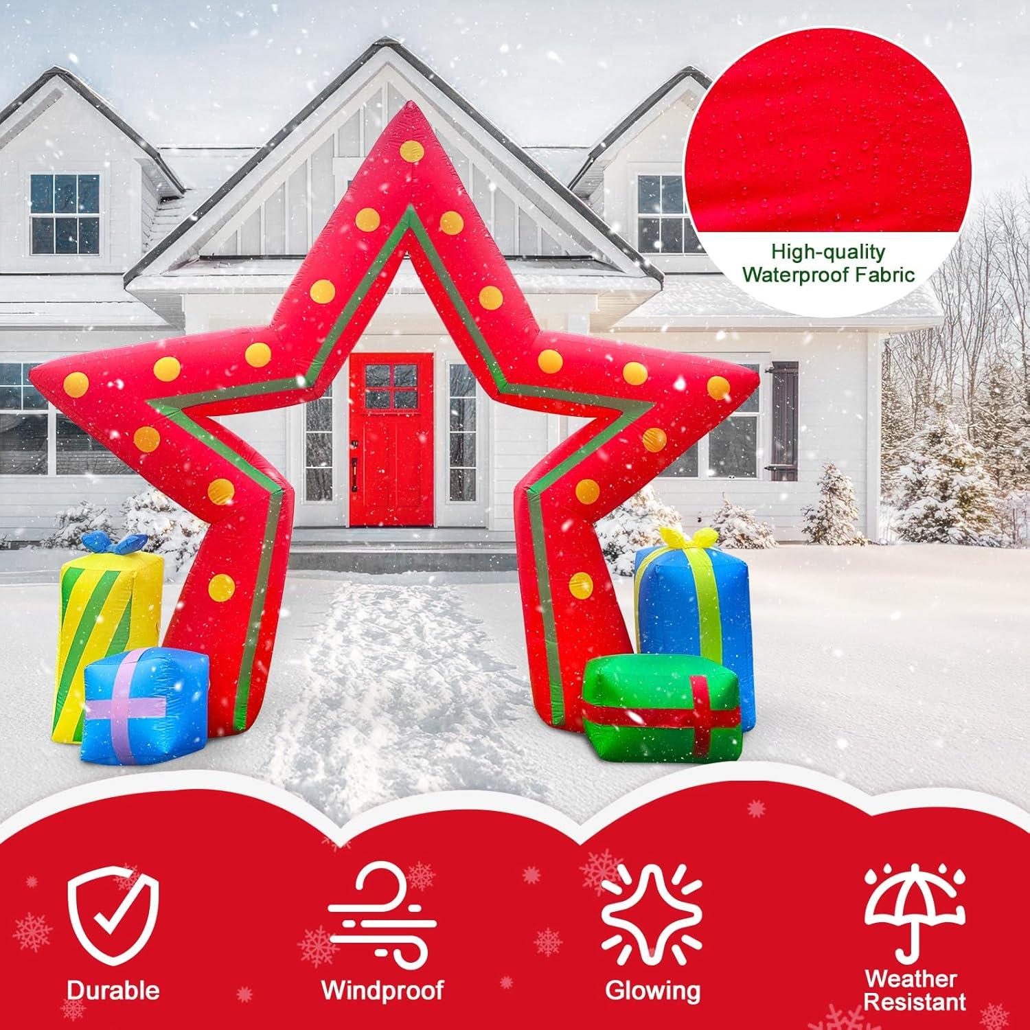 imageOurWarm 10FT Christmas Outdoor Inflatable Decoration Giant Pentagram Archway Yard Inflatable Decoration with Built in LED Lights Blow Up Xmas Decor for Lawn Patio Garden Yard Decor