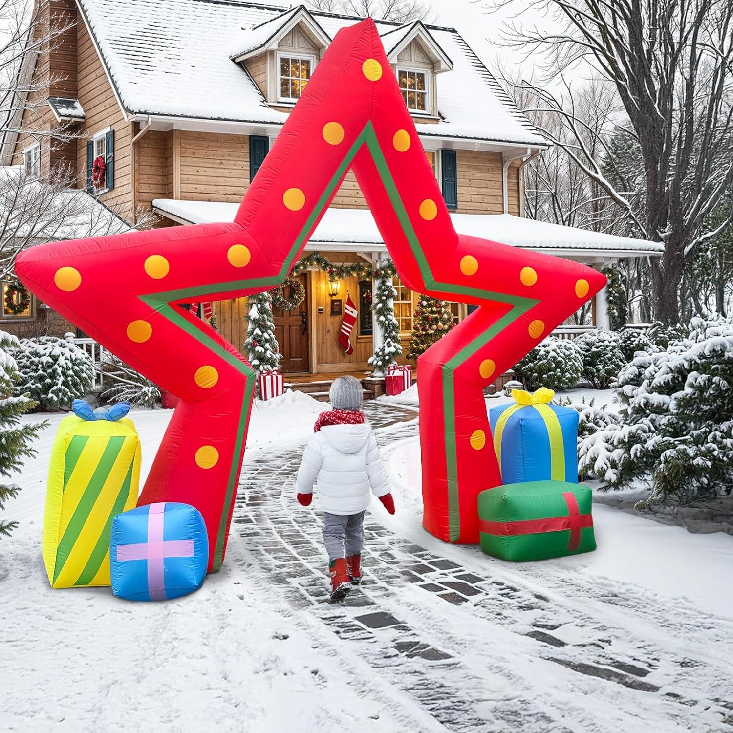 imageOurWarm 10FT Christmas Outdoor Inflatable Decoration Giant Pentagram Archway Yard Inflatable Decoration with Built in LED Lights Blow Up Xmas Decor for Lawn Patio Garden Yard Decor