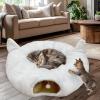 imageOurWarm White Cat Tunnel Bed Under Christmas Tree Fluffy Plush Cat Tunnel Christmas Tree Skirt Collapsible Peekaboo Donut Cave with Washable Mat and Hanging Ball for Indoor Small Animals