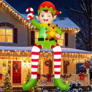 imageOurWarm 10 FT Christmas Inflatable Outdoor Decorations Sitting Elf Holding Bear Christmas Blow Up Yard Decorations with Builtin LED Lights for Holiday Party Lawn Garden Roof Outdoor Xmas Decorations