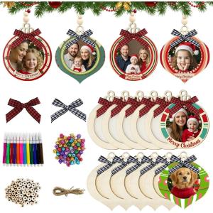 imageOurWarm 24Pcs Christmas Photo Ornaments Bulk Unfinished Wooden Picture Frame Ornaments for Christmas Tree DIY Personalized Christmas Ornaments with Beads ampamp Bows for Holiday Presents Tree Decorations
