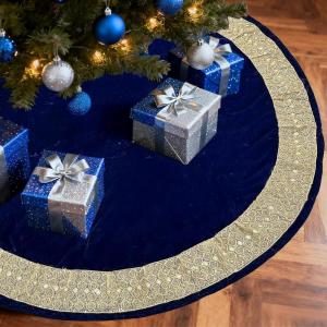 imageOurWarm 48in Luxury Velvet Christmas Tree Skirt for 575 Ft Tree Royal Blue Large Fur Plush Xmas Tree Skirts with Gold Glitter and Bow Classic Vintage Christmas Tree Decorations for New Year HomeBlue