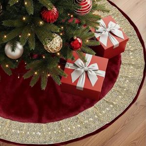 imageOurWarm 48in Luxury Velvet Christmas Tree Skirt for 575 Ft Tree Royal Blue Large Fur Plush Xmas Tree Skirts with Gold Glitter and Bow Classic Vintage Christmas Tree Decorations for New Year HomeRed
