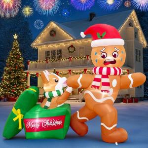 imageOurWarm 5 FT Christmas Inflatable Outdoor Decoration Dog Biting Gingerbread Inflatable with LED Lights Funny Christmas Blow up Yard Decorations for Indoor Outside Lawn Garden Party