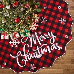 imageOurWarm 72 Inch Christmas Tree Skirt Buffalo Plaid Tree Skirt for 75 ft Tree to 12ft Tree Double Sided Burlap Tree Skirt Snowflake Xmas Tree Skirts for Winter Rustic Boho Farmhouse Tree Decor