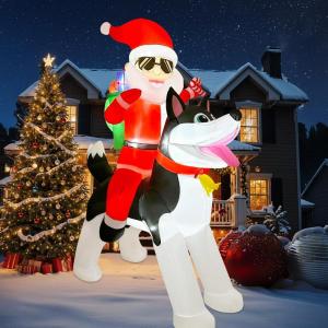 imageOurWarm 8FT Christmas Inflatable Decoration Giant Santa Claus Riding a Husky Inflatable Toy with LED Lights Fun Yard Inflatable Decoration Blow up Xmas Decor for Lawn Patio Garden Yard Decor
