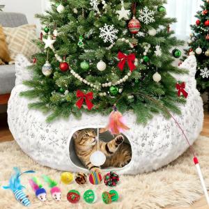 imageOurWarm Cat Tunnel Bed Under Christmas Tree White Soft Plush Cat Donut Tunnel Tree Skirt with Silver Snowflake Pattern Peekaboo Cat Cave with 11 Pcs Interactive Toys for Indoor Cats Small Animals