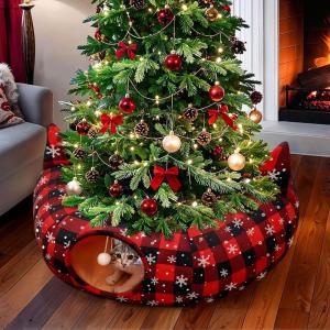 imageOurWarm Cat Tunnel Christmas Tree Skirt Cat Bed for Indoor Cats with Hanging Ball Buffalo Plaid Tree Collar Cats Cave for Felines Pet Indoor Outdoor Christmas Decorations
