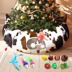 imageOurWarm Cat Tunnel Christmas Tree Skirt Cow Print Cat Tunnels for Indoor Cats with Washable Mat and Hanging Ball Round Cat Tunnel Bed Cat Donut Tunnel with 11 Cats Toys for Puppy Rabbit Cats Bed