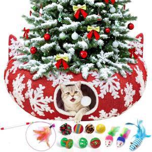 imageOurWarm Cat Tunnel Christmas Tree Skirt Red Snowflake Cat Donut Tunnel Under Christmas Tree with Washable Mat ampamp 11Pcs Cat Toys Interactive Soft Plush Peekaboo Cave Bed for Indoor Cats Small Animals