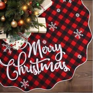imageOurWarm Christmas Tree Skirt 60 Inches Buffalo Plaid Red Tree Skirt for 7 ft Tree or 9ft Tree Double Sided Burlap Tree Skirt Snowflake Xmas Tree Skirts for Winter Rustic Boho Farmhouse Tree Decor
