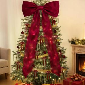 imageOurWarm Christmas Tree Topper Bow with Long Ribbon 275 x 787 Inch Large Red Christmas Bow with 30 Small Red Velvet Bows for Christmas Tree Christmas Tree Bows for Home Wreath Car Outdoor Decor