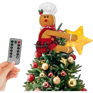 imageOurWarm Gingerbread Christmas Tree Topper Star Lighted Plush Stuffed Tree Toppers Christmas Decorations Indoor Christmas Star Tree Topper with Lights for Wine Bottle Curtain Christmas Tree DecorGingerbread