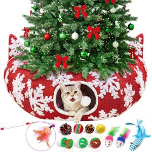 imageOurWarm Large Cat Tunnel Bed for Indoor Cats with 11 Toys Round Donut Cat Cave Under Christmas Tree Skirt Red Snowflake Christmas Cats Tunnel with Soft Mat Xmas Decor for Kitten Rabbit Puppy Play