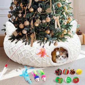 imageOurWarm Large Cat Tunnel Bed for Indoor Cats with Soft Cushion ampamp Cat Toys Round Under Tree Cats Donut Tunnel Christmas Tree Skirt White Plush Pet Peekaboo Cave for KittenPuppyRabbit to Play