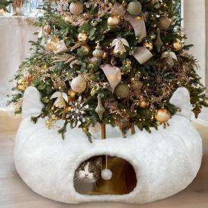 imageOurWarm White Cat Tunnel Bed Under Christmas Tree Fluffy Plush Cat Tunnel Christmas Tree Skirt Collapsible Peekaboo Donut Cave with Washable Mat and Hanging Ball for Indoor Small Animals