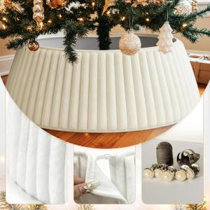 imageOurWarm White Christmas Tree Collar Luxury Plush Faux Fur Tree Collar with Stripe Textured Pattern Soft Fluffy Xmas Tree Ring Boho Tree Skirt for Holiday Decorations Indoor Home DecorStriped