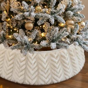 imageOurWarm White Christmas Tree Collar Luxury Plush Faux Fur Tree Collar with Stripe Textured Pattern Soft Fluffy Xmas Tree Ring Boho Tree Skirt for Holiday Decorations Indoor Home DecorArrow
