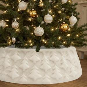 imageOurWarm White Christmas Tree Collar Luxury Plush Faux Fur Tree Collar with Stripe Textured Pattern Soft Fluffy Xmas Tree Ring Boho Tree Skirt for Holiday Decorations Indoor Home DecorTrees