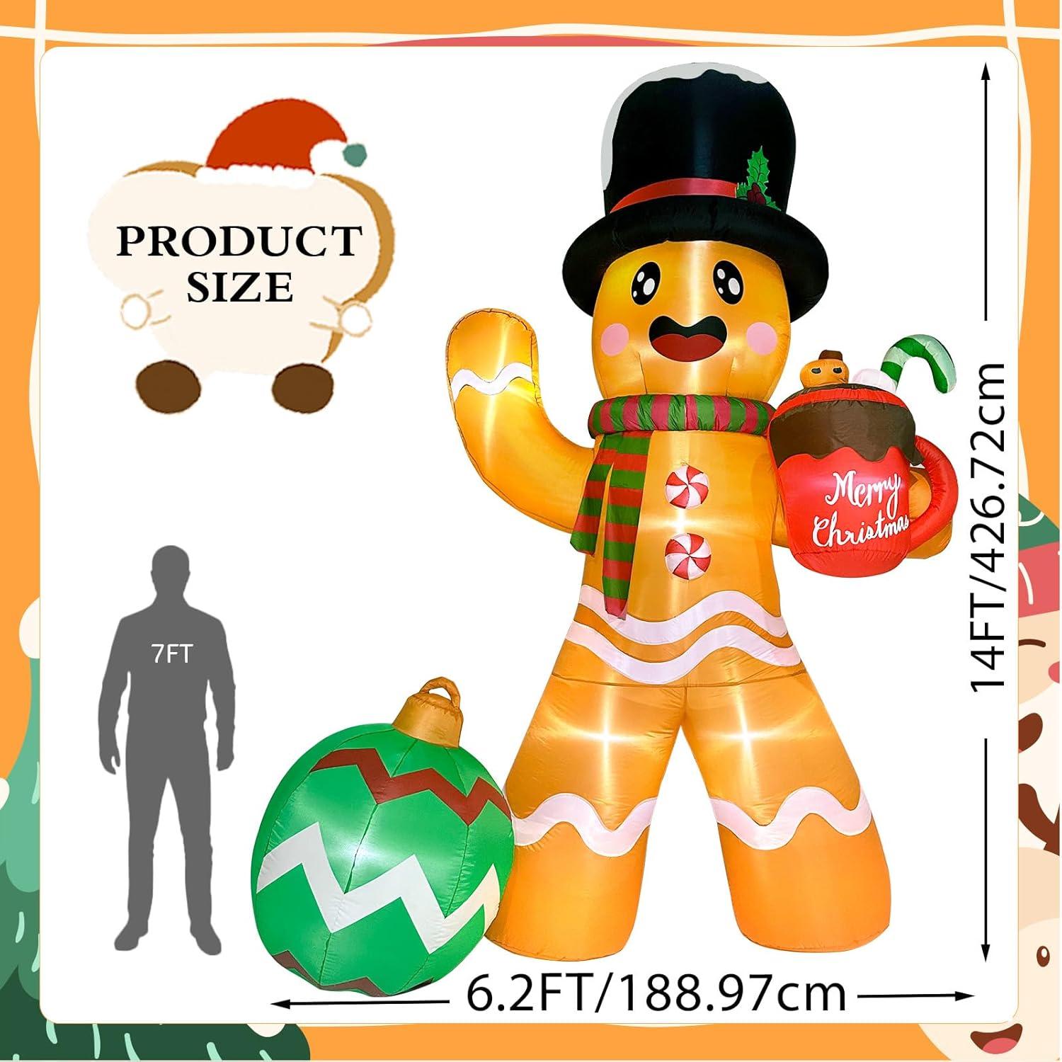 imageOurWarm 14FT Christmas Inflatable Outdoor Decoration Gingerbread Man Giant Gingerbread Inflatables Christmas Decorations Outdoor with 8 LED Christma Blow Ups Outdoor Lawn Yard Decorations