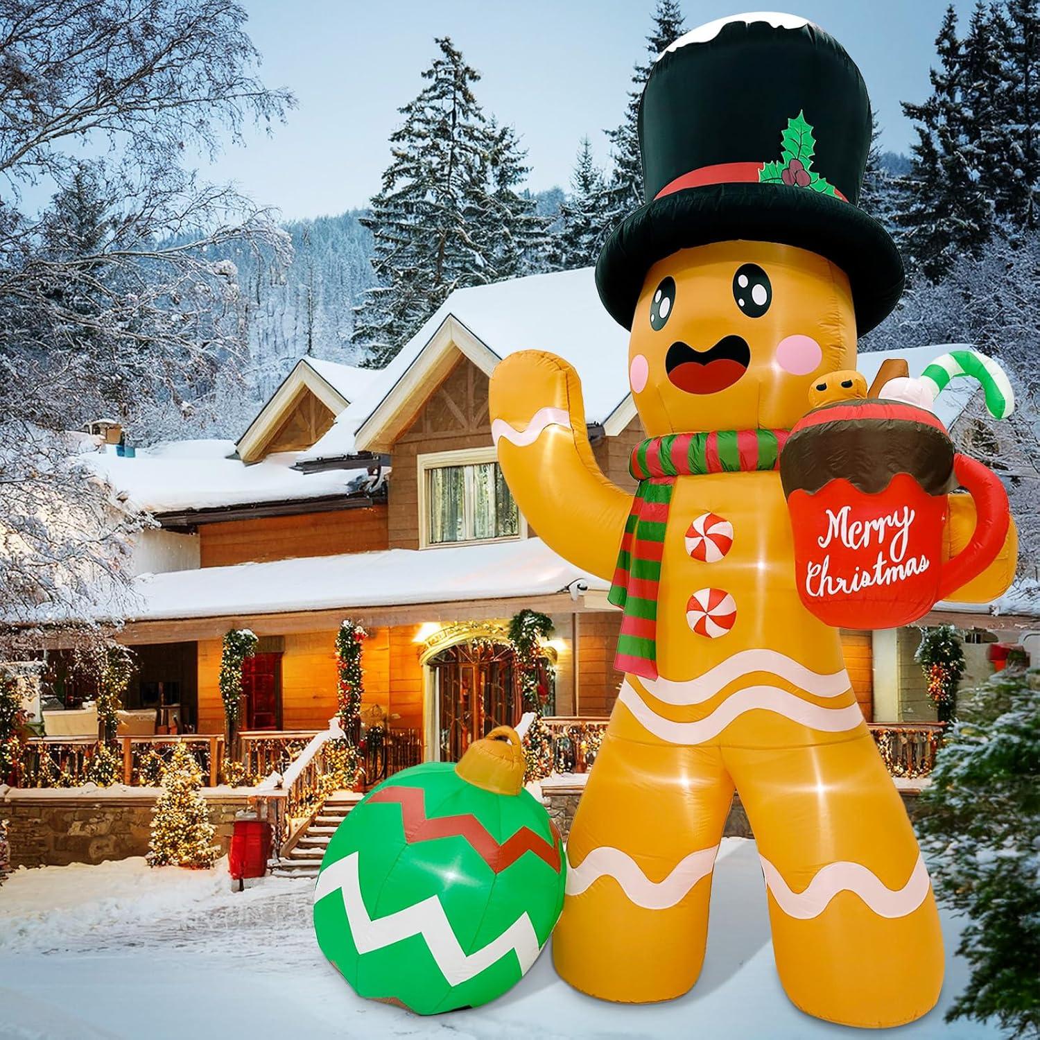 imageOurWarm 14FT Christmas Inflatable Outdoor Decoration Gingerbread Man Giant Gingerbread Inflatables Christmas Decorations Outdoor with 8 LED Christma Blow Ups Outdoor Lawn Yard Decorations
