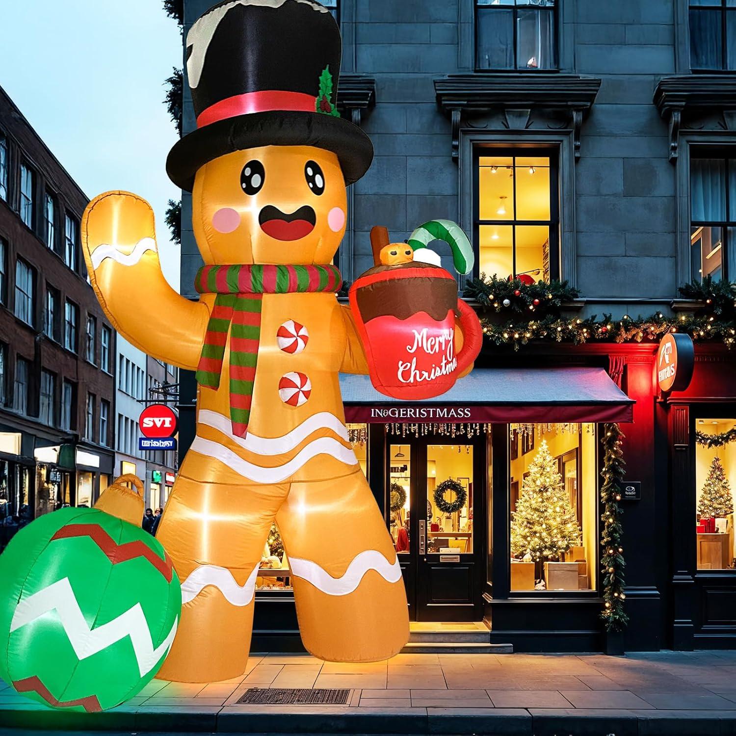 imageOurWarm 14FT Christmas Inflatable Outdoor Decoration Gingerbread Man Giant Gingerbread Inflatables Christmas Decorations Outdoor with 8 LED Christma Blow Ups Outdoor Lawn Yard Decorations