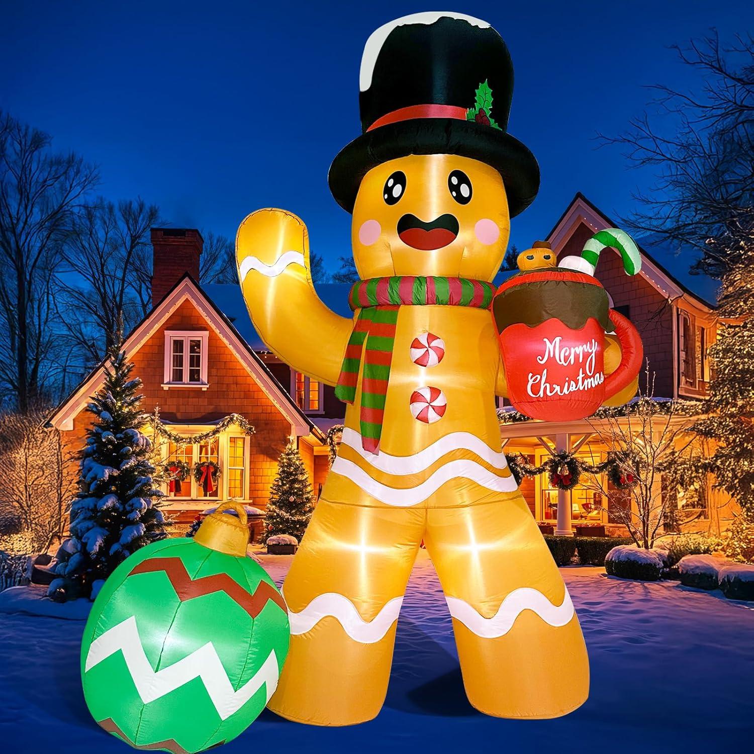 imageOurWarm 14FT Christmas Inflatable Outdoor Decoration Gingerbread Man Giant Gingerbread Inflatables Christmas Decorations Outdoor with 8 LED Christma Blow Ups Outdoor Lawn Yard Decorations