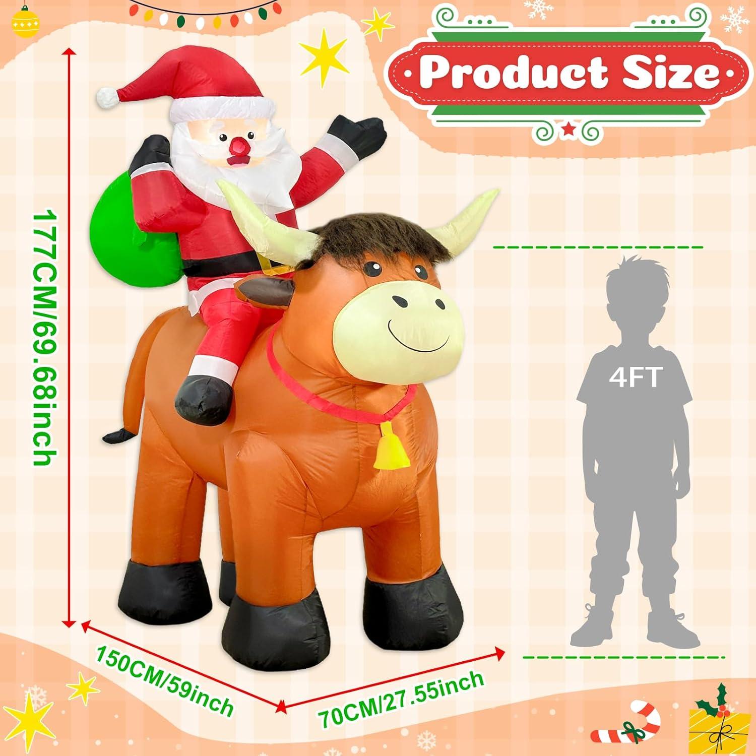 imageOurWarm 6 FT Christmas Inflatable Outdoor Decoration Farm Christmas Inflatables Santa Ride On Highland Cow Christmas Decorations Christmas Blow Up Yard Decorations with LED Lights for Lawn Garden
