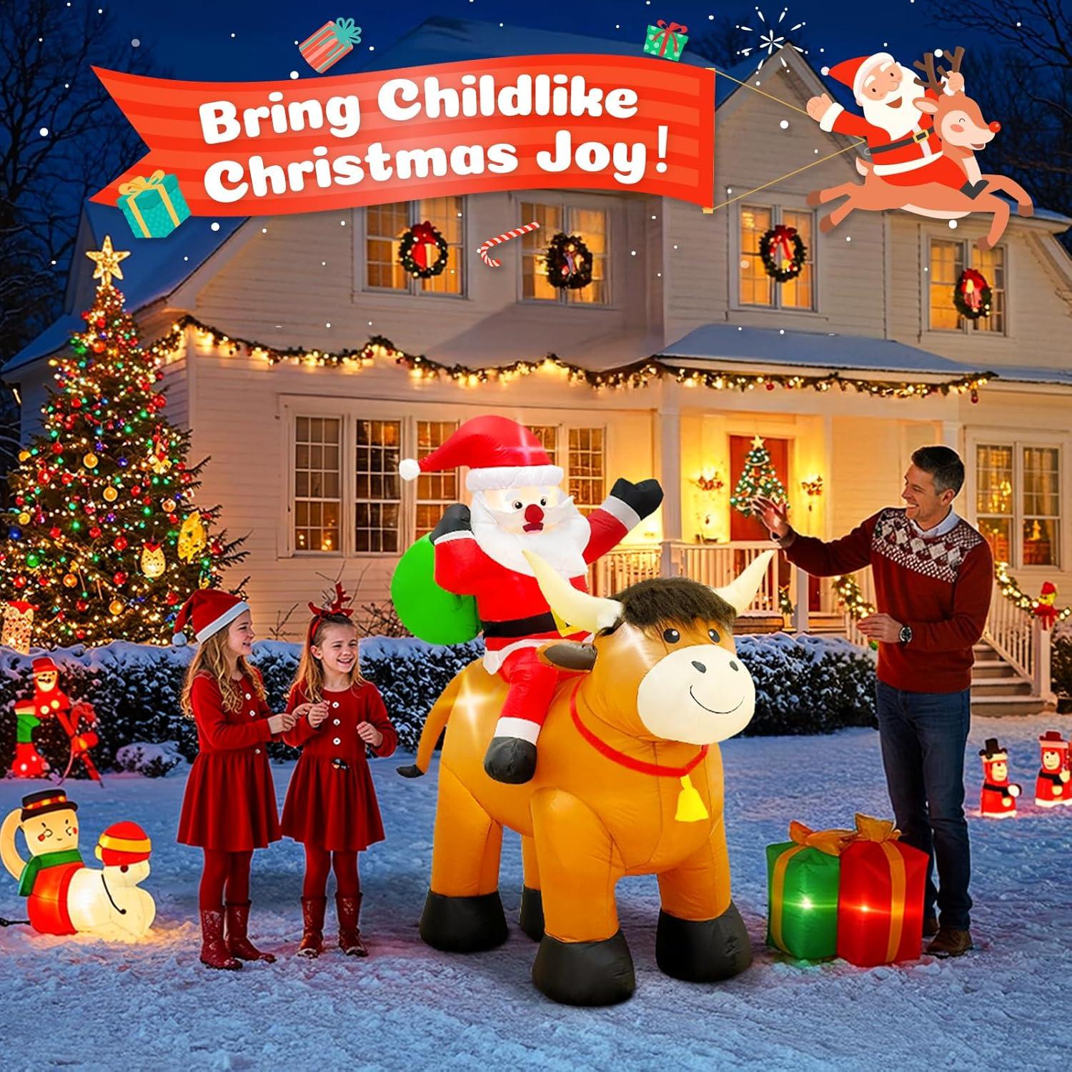 imageOurWarm 6 FT Christmas Inflatable Outdoor Decoration Farm Christmas Inflatables Santa Ride On Highland Cow Christmas Decorations Christmas Blow Up Yard Decorations with LED Lights for Lawn Garden