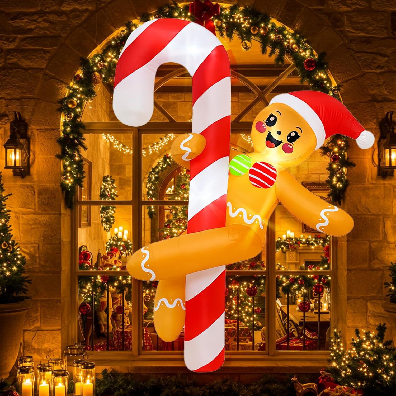 imageOurWarm 6 FT Funny Christmas Inflatables Outdoor Gingerbread Inflatable Decorations Dance Around a Candy Cane Decor Christmas Blow Up Yard Decorations for Lawn Indoor Garden Xmas Decor