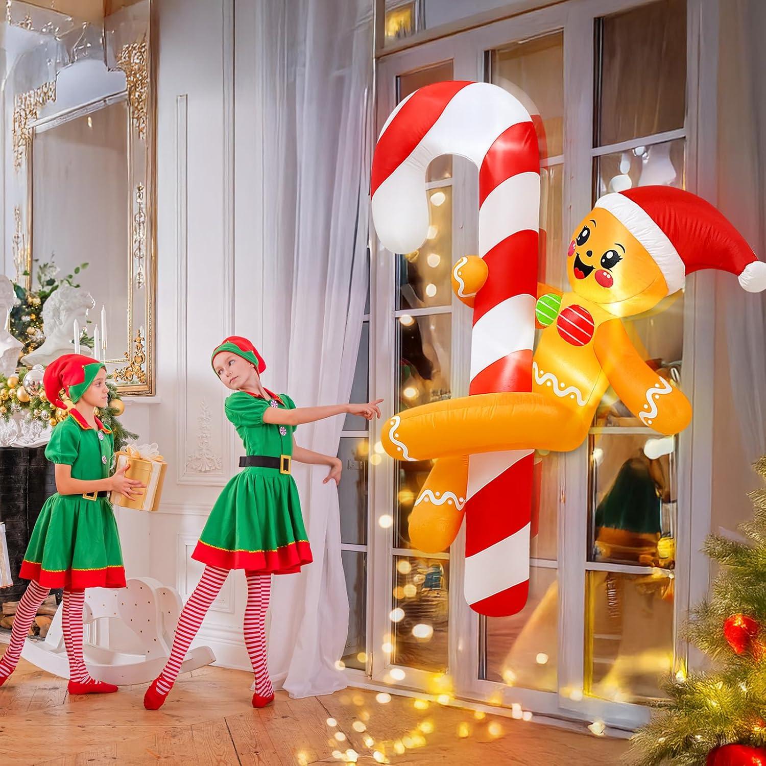 imageOurWarm 6 FT Funny Christmas Inflatables Outdoor Gingerbread Inflatable Decorations Dance Around a Candy Cane Decor Christmas Blow Up Yard Decorations for Lawn Indoor Garden Xmas Decor